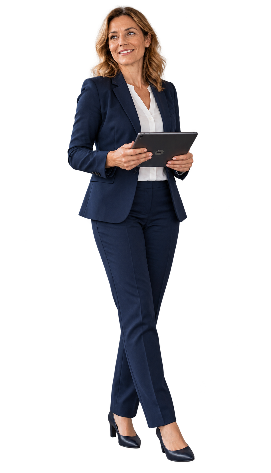 DBR-Markenfrau als vollständige Figur mit Tablet
