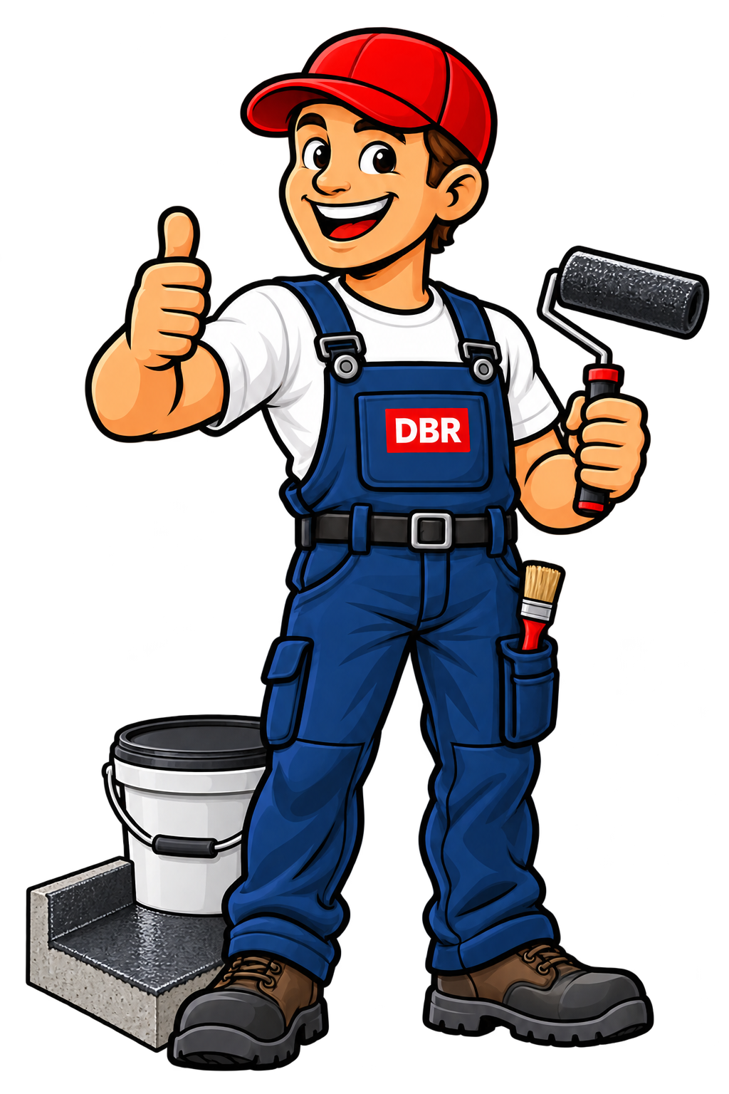 Illustrative DBR-Handwerkerfigur mit Abdichtungsrolle für Balkonabdichtung