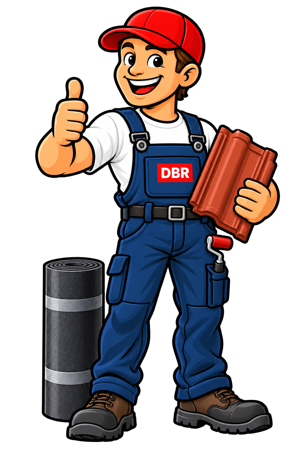 Illustrative DBR-Handwerkerfigur mit Dachziegel und Abdichtungsbahn für Dach und Flachdach
