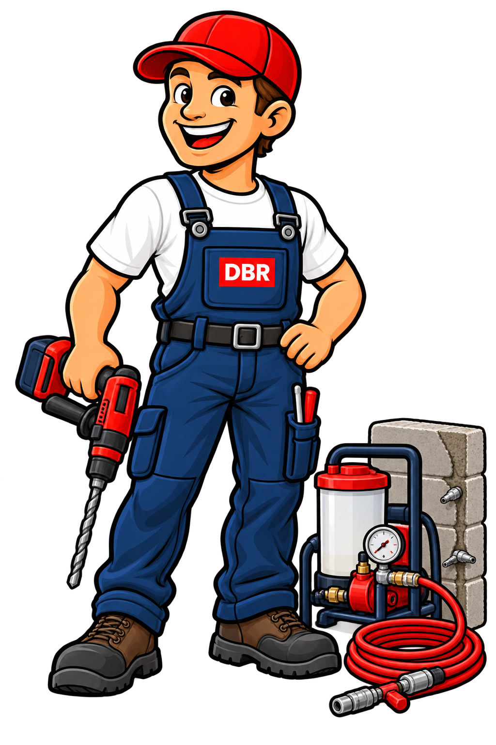 Illustrative DBR-Handwerkerfigur mit Bohrmaschine und Injektionspumpe